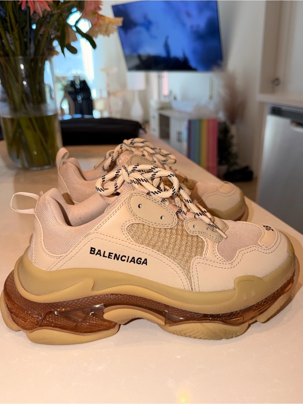 Balenciaga Women's Chunky Triple-S Style Sneakers in Beige and Brown